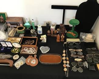 Disney Pins SOLD. Tiffany Heart $30. Limoges Jar $20. Vintage Glasses $5-10. Jewelry tray $5. Anri man and woman $15. Carved Wood Fisherman $10. Bavarian Set SOLD. Green velvet hat holder SOLD. Bracelet Holder SOLD. Necklace Holder SOLD. 