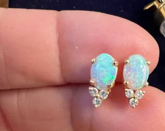 14kt Jelly Opal Diamond Earrings ~~~ Fiery Blue Greens & Orange colors!