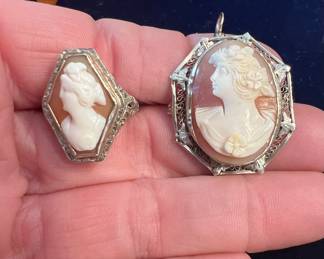 Victorian 14kt white filifree gold Shell Cameo Brooch/Pendant & Ring