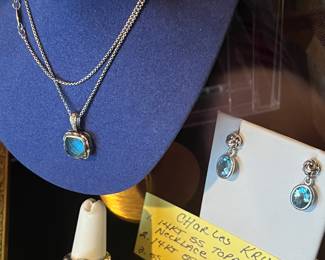 CHARLES KRYPELL Parure Suite. Becklace Earrings & Ring Sterling & 14kt Blue Topaz