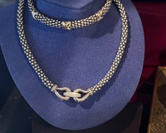 LAGO Sterling & 14kt 3 Station ‘X’ Bracelet & Sterling Caviar Derby Buckle Necklace