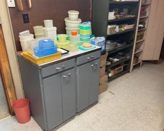 VINTAGE WOOD CABINETS AND VINTAGE TUPPERWARE 