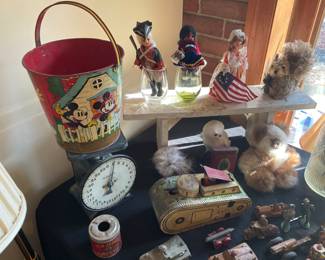 NICE MICKEY MOUSE PAIL.   MARX TOY TANK, DOLLS