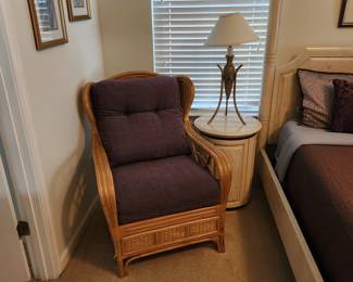 Rattan chair and 2nd of Henredon drum nightstand or side table