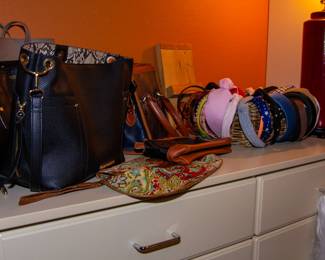 Various purses and colorful headbands