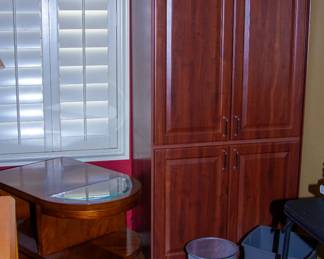 Storage cabinet and end table, trash bins