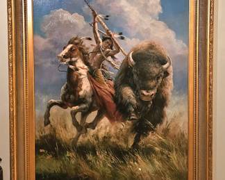 American West Buffalo hunt oil painting