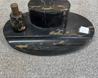 Art Deco Oval Black Marble Inkwell & Holder