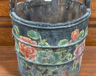 Oriental Hand Painted Wood Water Bucket