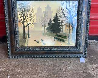 Pigeons on Street Oil on Board