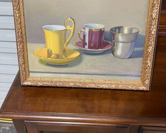 Three Cups Oil on Canvas Signed Chalme