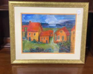 Watercolor of Orange Houses Signed either Brush or Bush