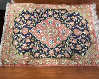 Silk Qum Rose & Navy Prayer Rug