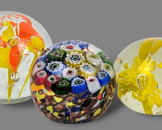 #51 • Three Round Floral Glass Art Paperweights
