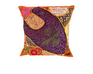 #204 • 16" x 16" Richly Beaded Throw Pillow Made of Vintage Patchworked Indian Textiles
