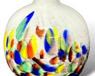 #129 • Small White Art Glass Vase with Splashes of Color
