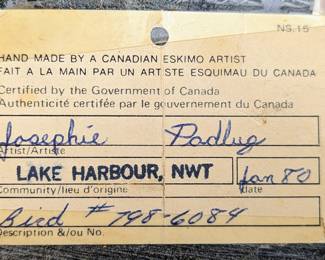 #73 • Josephie Padlug Certified Canadian Eskimo Art - 1980
