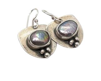 #106 • Signed A. Jawvi AJ Sterling and Abalone Shell Drop Earrings
