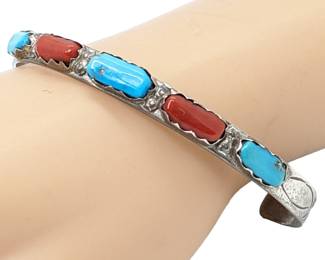 #113 • Fabian Cheama Zuni Sterling/Turquoise/Coral Cuff Bracelet
