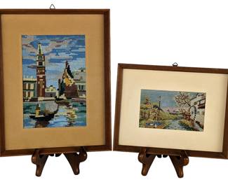 #117 • Framed Embroidered of Waterfront Properties and Watermill
