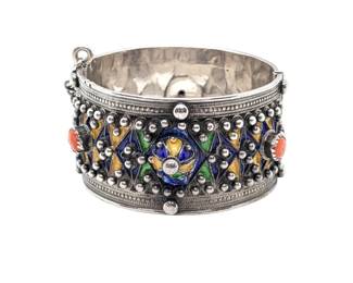 #187 • Sterling, Coral and Enamel 97g Cuff Bracelet -
