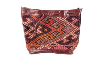 #85 • Vtg Hand Woven Kilim Wool and Leather Drawstring Turkish Tote Bag
