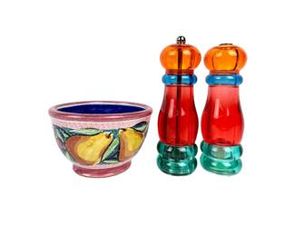 #152 • Olde Thompson Lucite Salt & Pepper Shakers & M.Miller Pottery Bowl
