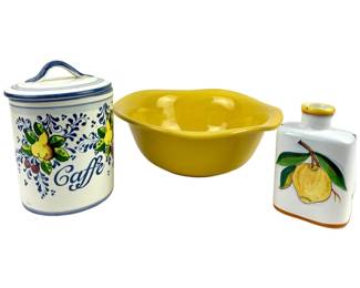 #135 • Italian Pottery - Large Yellow Bowl, Coffee Canister and Bottle
