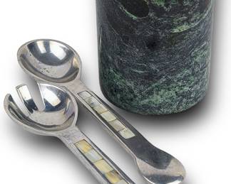 #75 • Green Marble Utensil Holder/Wine Cooler and Towle Silversmith Pewter Salad Servers
