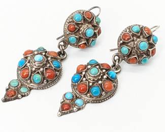 #104 • Sterling, Turquoise and Coral Dangle Earrings
