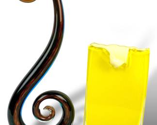 #151 • Murano Style Fused Art Glass Sculpture & Yellow Glass Vase
