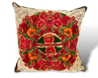 #23 • Large 22" x 22" Intricately Embroidered Floral Guatemalan Textile Pillow in Red/ Orange/ Green
