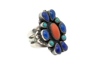 #186 • Leo Feeney Lapis, Coral, Turquoise and Sterling Sz 5.5 Ring
