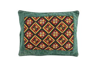 #219 • Mid-Century Throw Pillow of Ethnic Hand-Stitched Needlepoint and Knubby Nylon Upholstery Fabric
