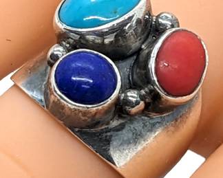#24 • Sterling, Turquoise, Coral and Lapis Size 7.5 Ring
