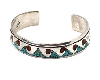 #183 • Delvin Nelson Signed Sterling, Turquoise and Coral Mosaic Cuff Bracelet
