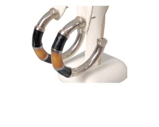 #111 • Italian Sterling Hoop Earrings with Amber, Black Decor
