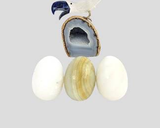 #74 • Agate Calcite Polished Eggs and Toucan Crystal on Agate Geode
