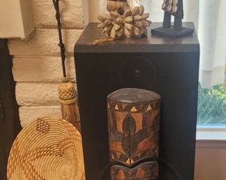 Carved Arican mask, figurines and musical ankle bracelet plus woven African basket