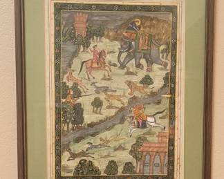 Indian painting on silk. Hunting scene