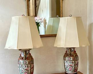 Famille Rose lamps, dropleaf table, and gilded mirror