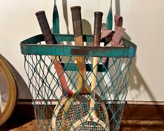 Vintage wheeled basket and racquets