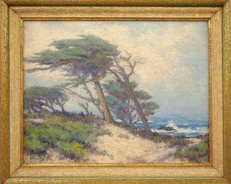 William Louis Otte, American, 1871-1957.  An early 20th century oil on board Santa Barbara landscape, titled "Cedars of Lebanon (Carmel Coast / Santa Barbara, California)".  Signed "William Louis Otte" lower left, titled and dated "1928" on label from "Shepter's The Lamp Post" verso.  Minor surface grunge.  Image 17 1/2 x 13 1/2" high, in a distressed wooden frame with Gilded accents, 21 1/2 x 17 1/2" high overall.  
