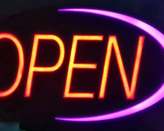 Lighted Retail "Open" Hanging Window Sign, Changing Colors, Powers On, 18" x 30"