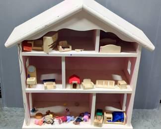 Hand Crafted Painted Wood Doll House, 34.5" x 33" x11.5", With Dolls And Doll Furniture
