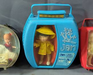 Remco Pocketbook Dolls, Qty 2, Includes Heidi's Little Sister Hildy And Jan, And Dolly Darlings Hat Box Series Dolls, All In Cases With Accessories