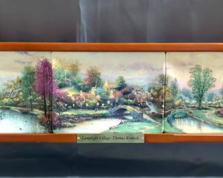 Thomas Kinkade Lamplight Village Porcelain Collector Plates, Includes Lamplight Lane, Lamplight County, And Lamplight Brooke, Individually Numbered, With Display Rack 27" x 12.5"