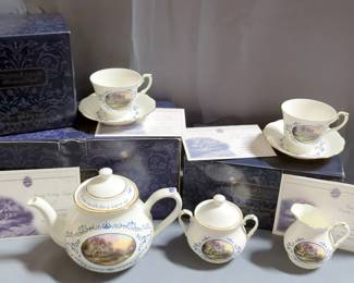 Thomas Kincaid Fine Bone China Tea Cups With Saucers, Qty 2, Cream & Sugar Set, And Matching Tea Pot, Most With Original Boxes