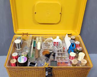 Sewing Accessories Inside Plastic Box With Hinged Lid, 8" x 14" x 9"