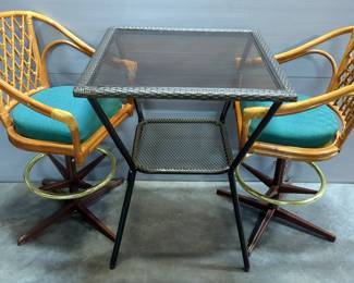 Patio Table With Smoked Glass Top And Mesh Shelf, 34" x 28" x 28", And Ratan Spinning Chairs With Cushions And Foot Rest, Qty 2